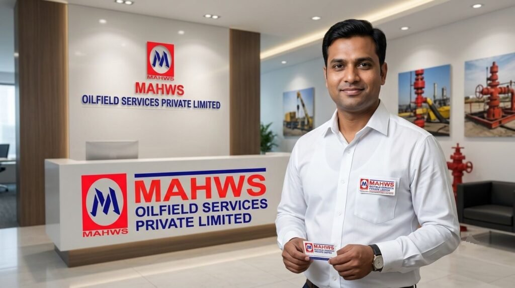 A portrait of Amar Kumar Maurya standing in the office reception area of MAHWS Oilfield Services Private Limited holding a company business card.