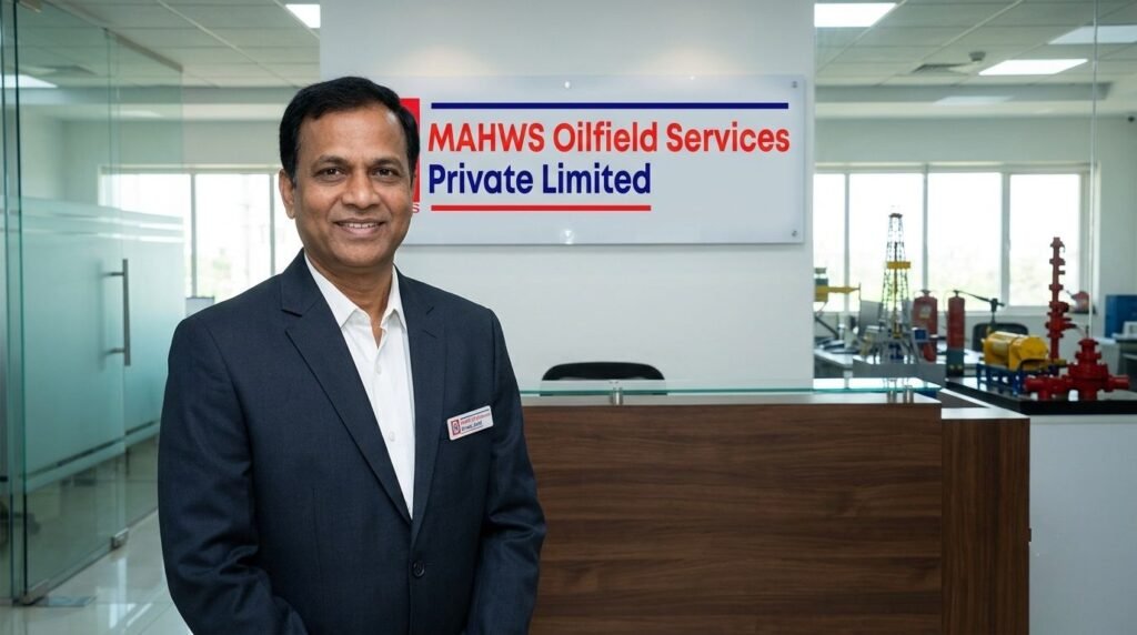 A professional portrait of Ananthramulu Pentani standing inside the corporate office of MAHWS Oilfield Services Private Limited.