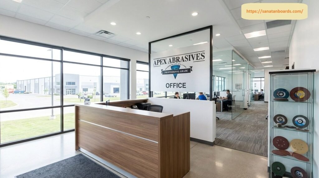 Modern office reception area of Apex Abrasives featuring a wooden reception counter, glass divider with company logo, product display case with abrasive wheels, and office workstations in the background.