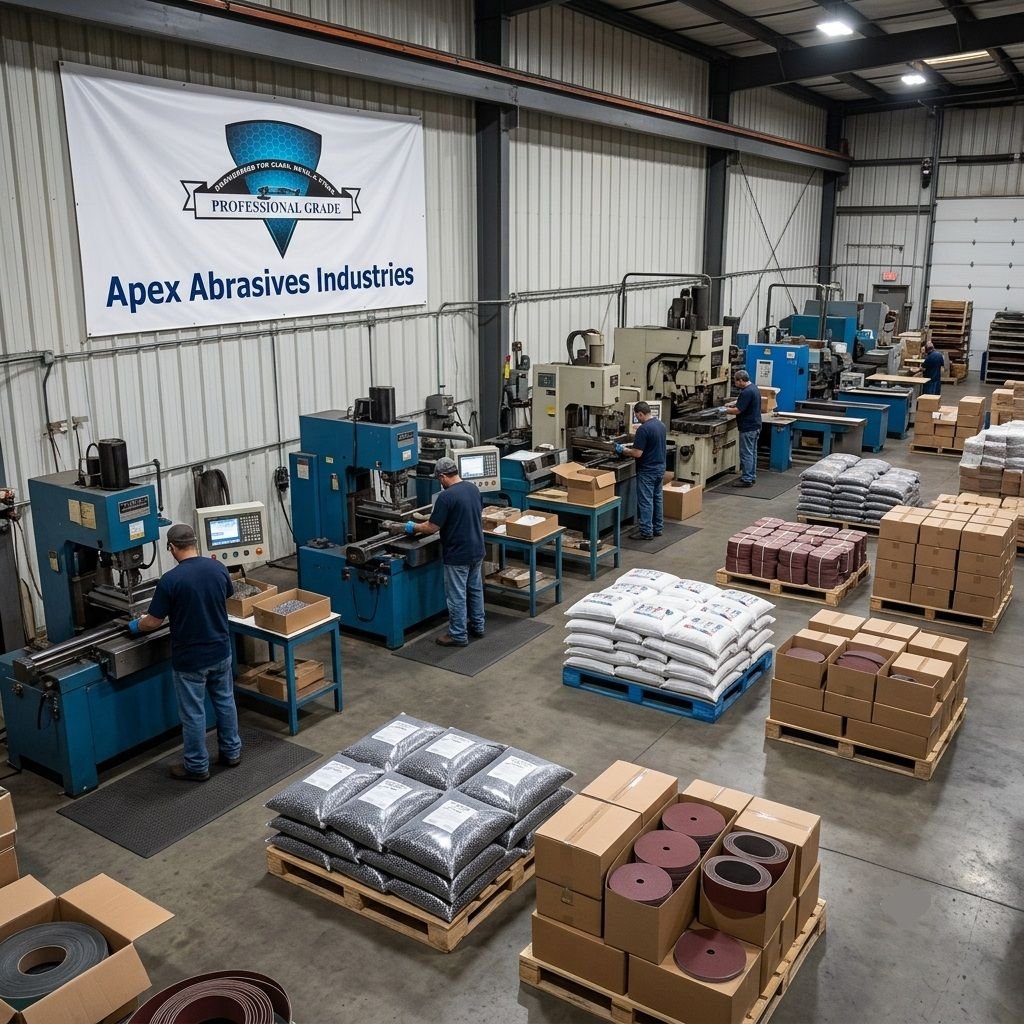 An industrial manufacturing facility floor of Apex Abrasives Industries showing workers operating machinery, stacked pallets of packaged goods, and rolls of abrasive materials.