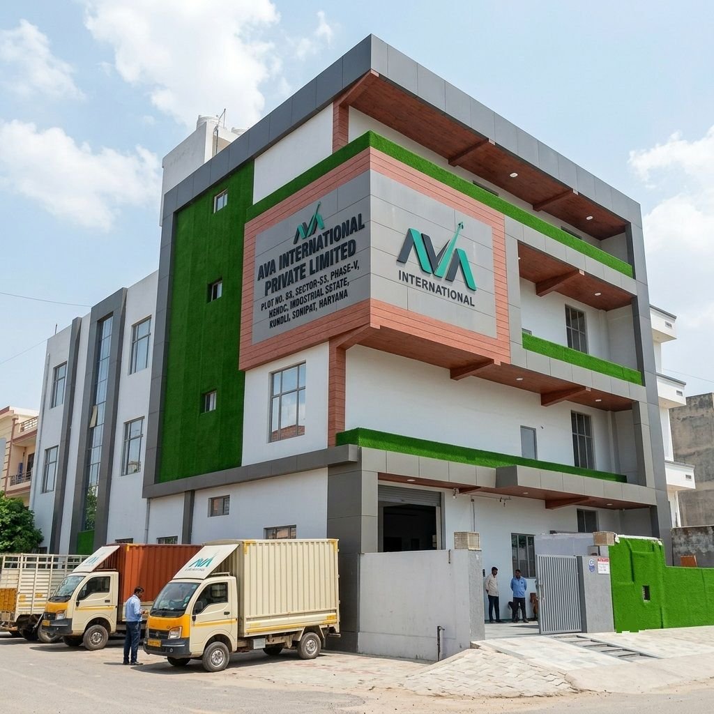 Exterior view of the multi-story corporate building and facility of AVA International Private Limited located at Plot No. 88, Sector-53, Phase-V, HSIIDC Industrial Estate, Kundli, Sonipat, Haryana.