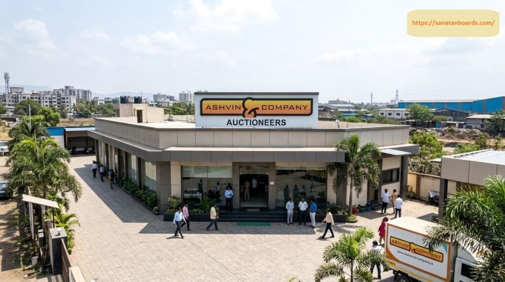 An aerial daytime exterior view of the commercial office building and courtyard of Ashvin & Company Auctioneers, with employees walking outside and a branded delivery truck parked nearby.