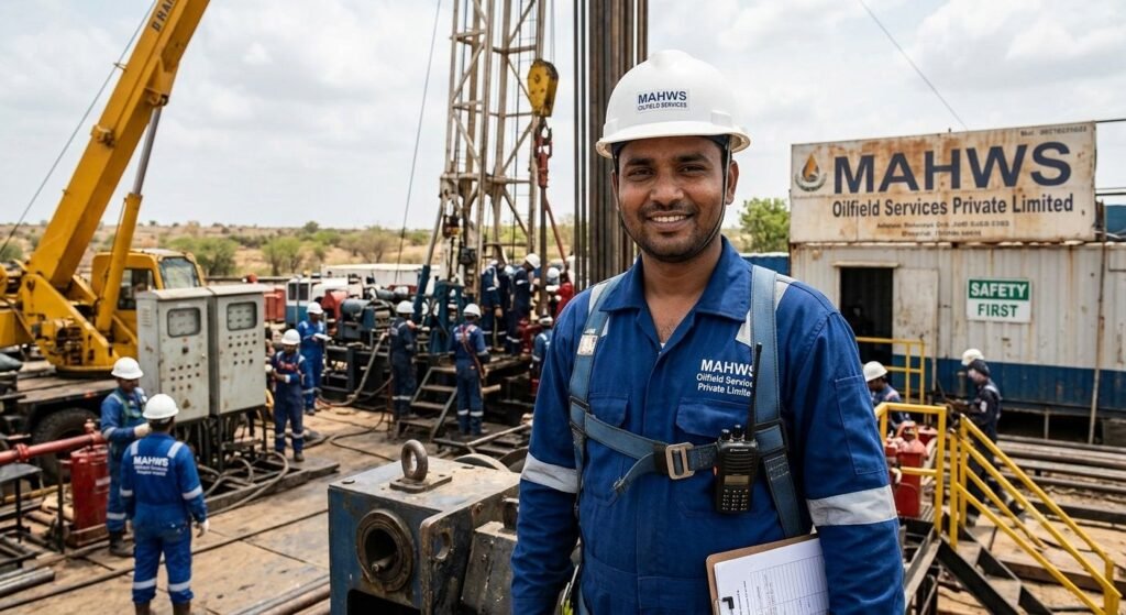 A portrait of Babaloo Kumar Rajbhar in blue safety coveralls, safety harness, hard hat, and walkie-talkie, holding a clipboard at an outdoor drilling site of MAHWS Oilfield Services Private Limited.