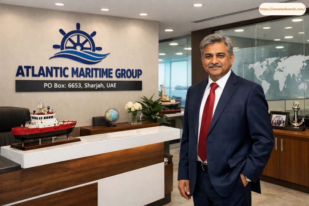Professional portrait of Chiranjiv Dev dressed in a dark blue suit with a red tie, standing in a corporate office reception area featuring ATLANTIC MARITIME GROUP wall branding, a ship model on the counter, and a world map accent wall.