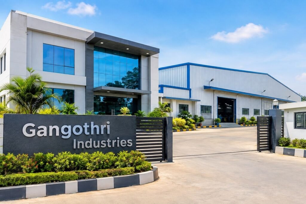 Exterior view of the Gangothri Industries facility featuring a prominent entrance sign, modern office building with glass windows, and an industrial factory warehouse.