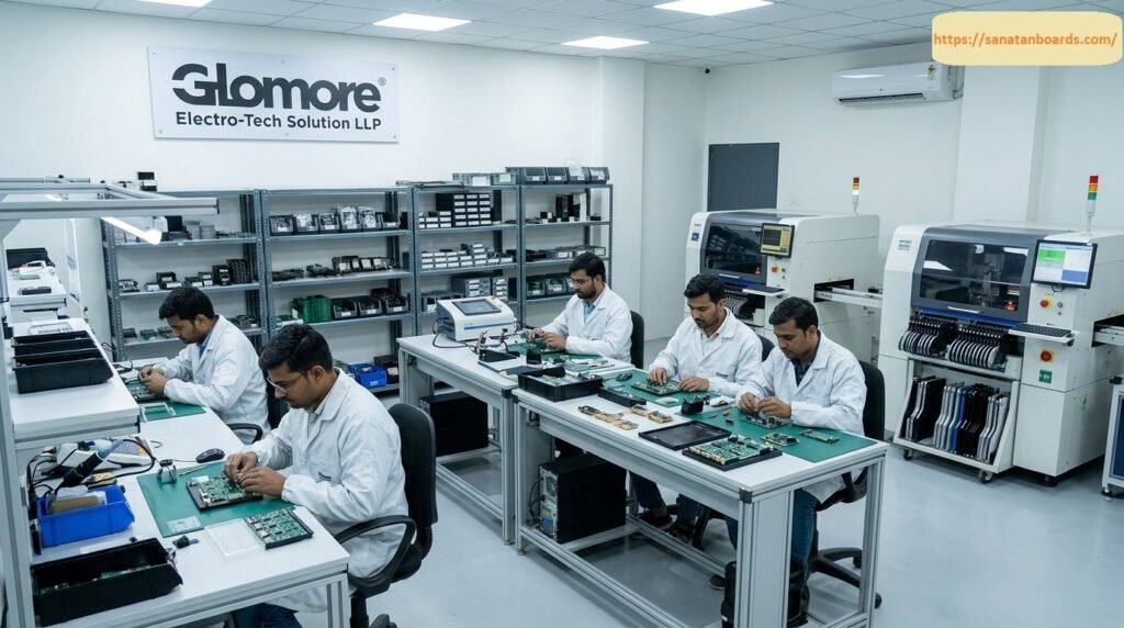 Technicians in white lab coats assembling and testing electronic circuit boards at workbenches inside Glomore Electro-Tech Solution LLP facility with automated surface-mount machinery nearby.