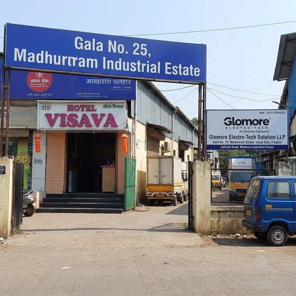 Exterior entrance view of Gala No. 25 at Madhuram Industrial Estate featuring directional signage for Glomore Electro-Tech Solution LLP and Hotel Visava on Sativali Road, Vasai East.