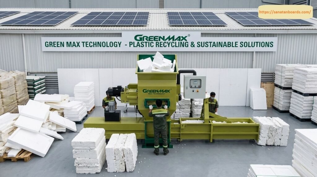 Operators operating a GreenMax foam densifier and recycling machine inside a plant surrounded by stacked styrofoam blocks, with solar panels visible on the roof structure above company signage.