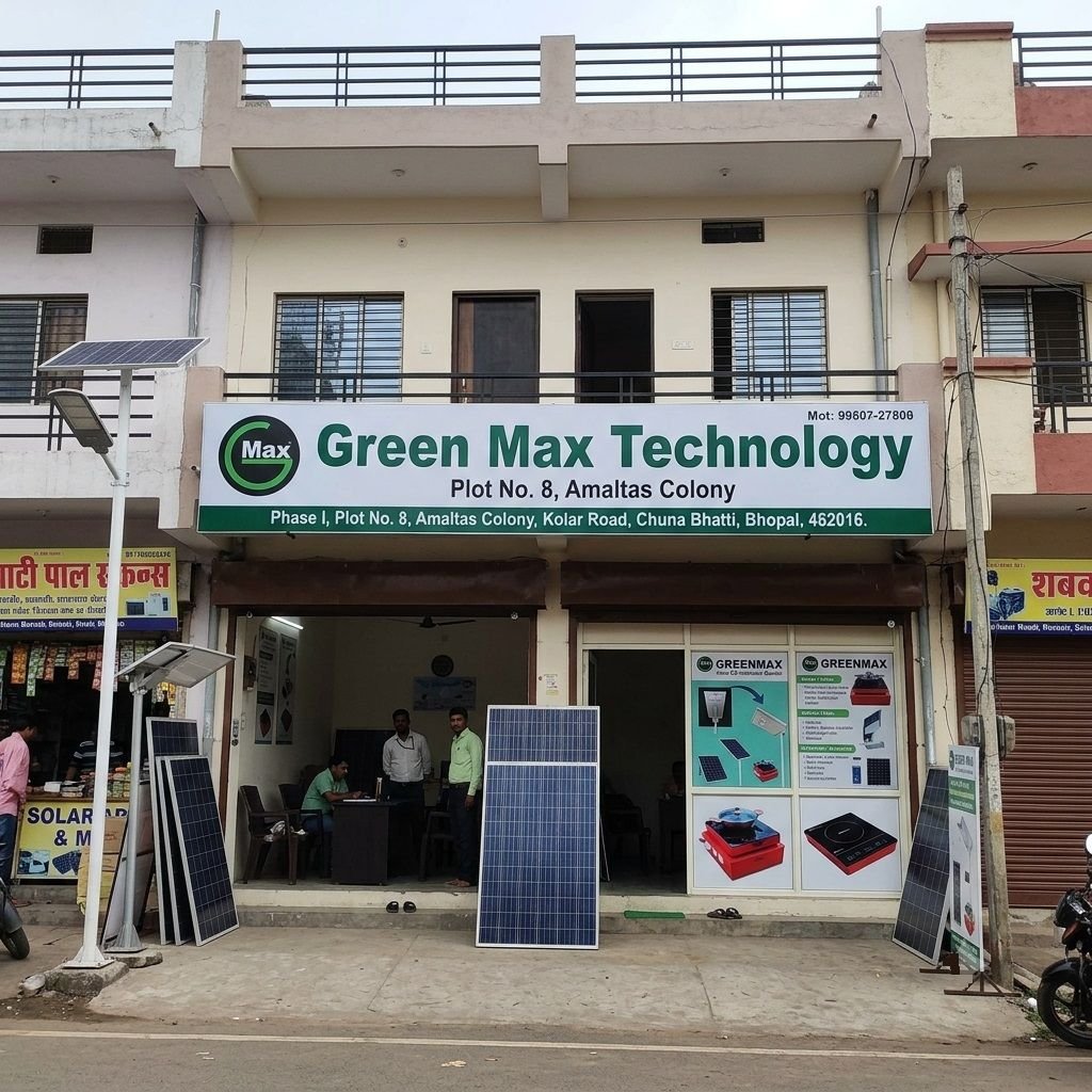 Exterior storefront view of Green Max Technology in Bhopal displaying solar panels, street light systems, and induction cooktops outside the office entrance.