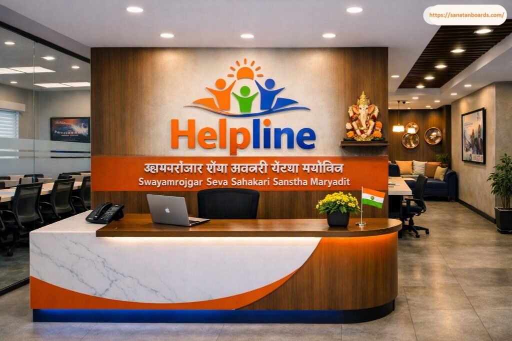 Modern corporate reception desk styled with white marble, wood paneling, and orange accents, positioned in front of a feature wall displaying the Helpline logo and Marathi and English lettering for Swayamrojgar Seva Sahakari Sanstha Maryadit.