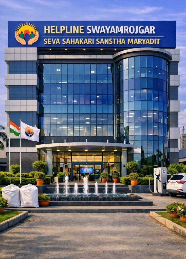 Exterior view of the multi-story corporate headquarters building for HELPLINE SWAYAMROJGAR SEVA SAHAKARI SANSTHA MARYADIT, featuring a glass facade, rooftop signage with a sun-and-hands emblem, entrance water fountains, flagpoles, and an EV charging station near the driveway.