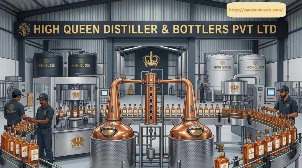 An illustrated overview of High Queen Distiller & Bottlers Pvt Ltd showing copper distillation stills, storage tanks, conveyor belts, and workers managing the bottling process.