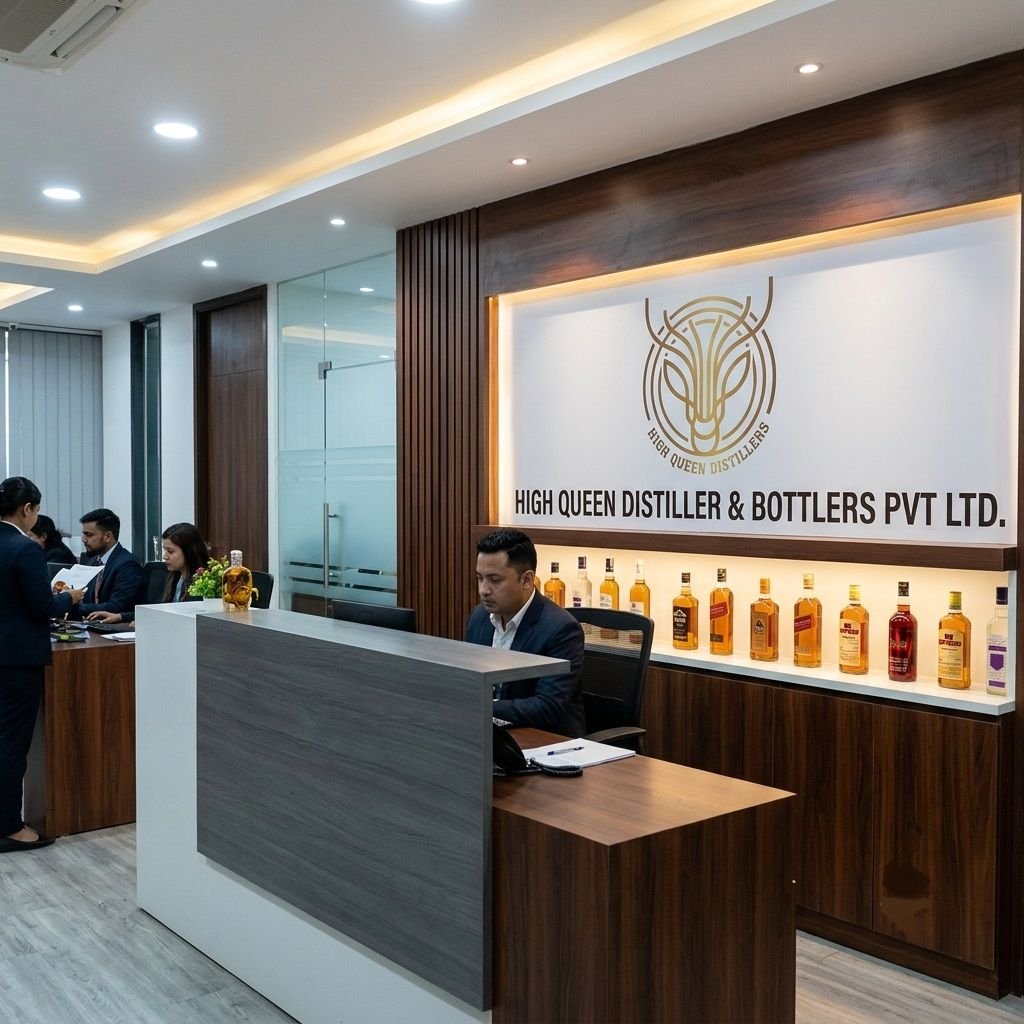Modern office reception area of High Queen Distiller & Bottlers Pvt Ltd featuring a wooden desk, company logo, a display shelf lined with liquor bottles, and office staff working at nearby desks.