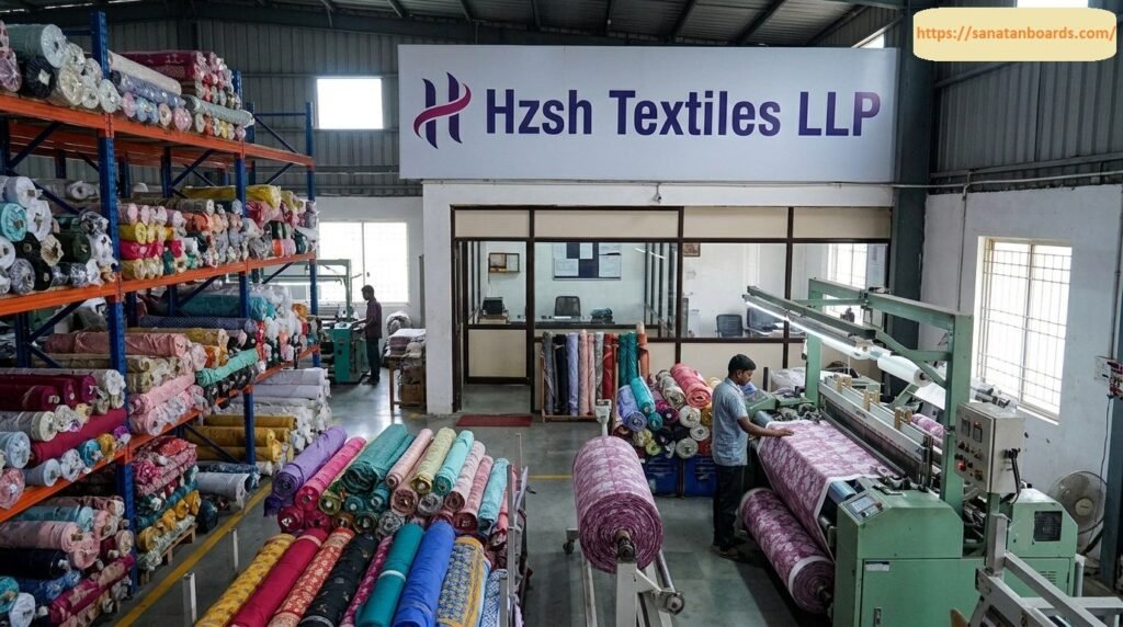 An interior view of the Hzsh Textiles LLP factory unit featuring shelves filled with fabric rolls, textile machinery, workers operating equipment, and prominent company signage.