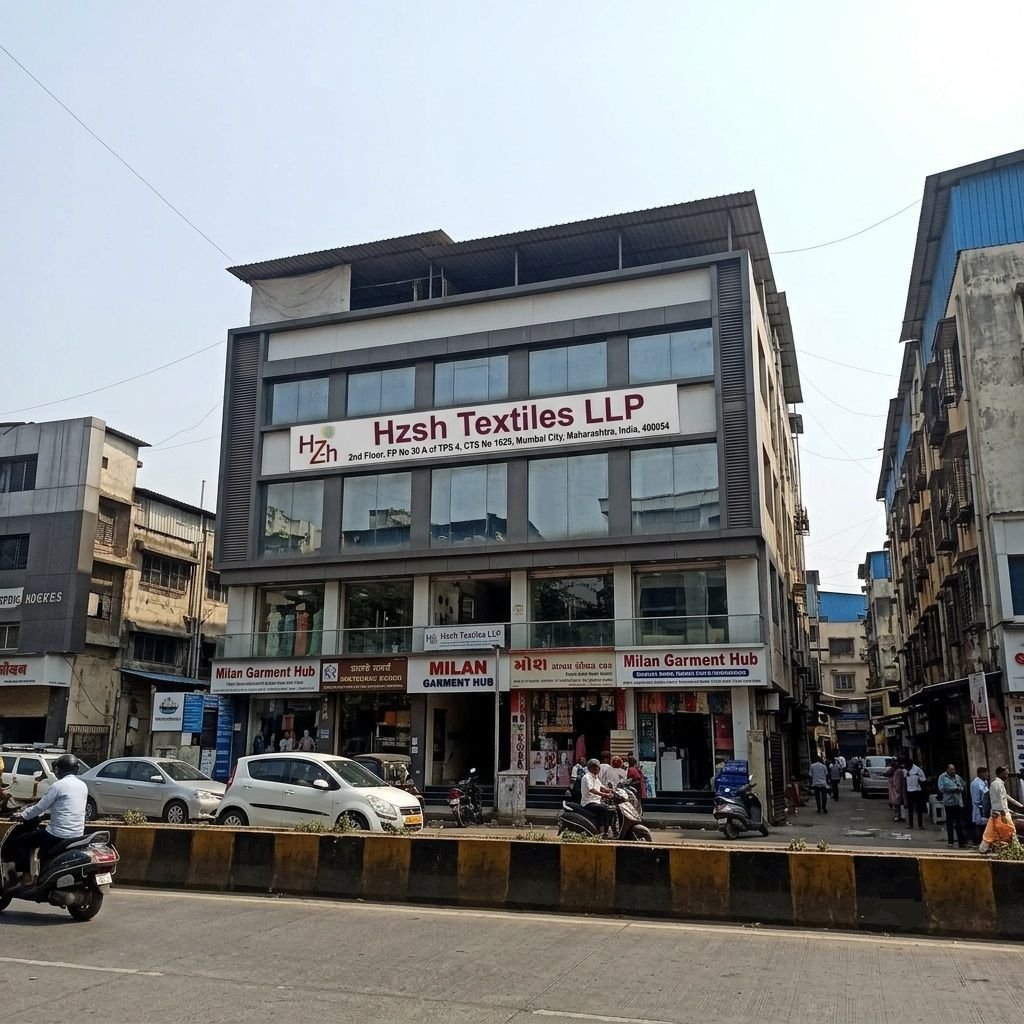 Exterior street-level view of a multi-story commercial building in Mumbai featuring prominent Hzsh Textiles LLP signage on the second floor above retail shops like Milan Garment Hub.