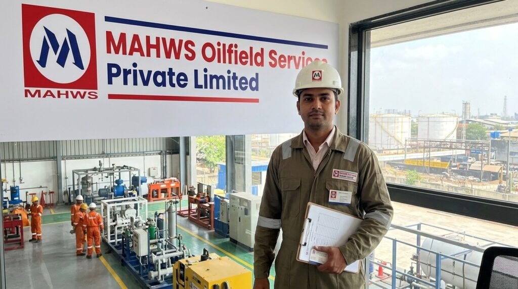 A portrait of Indal Kumar standing in safety gear with a hard hat and clipboard inside the facility of MAHWS Oilfield Services Private Limited, with workshop floor equipment in the background.