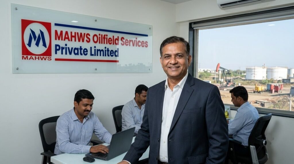 A portrait of Kamlesh Chauhan in a formal suit standing inside the busy office of MAHWS Oilfield Services Private Limited with colleagues working in the background.