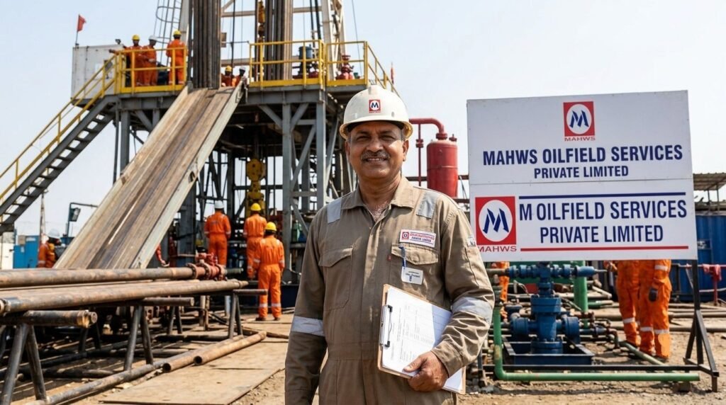 A portrait of Kamlesh Kumar in personal protective equipment holding a clipboard at an active drilling rig site of MAHWS Oilfield Services Private Limited.