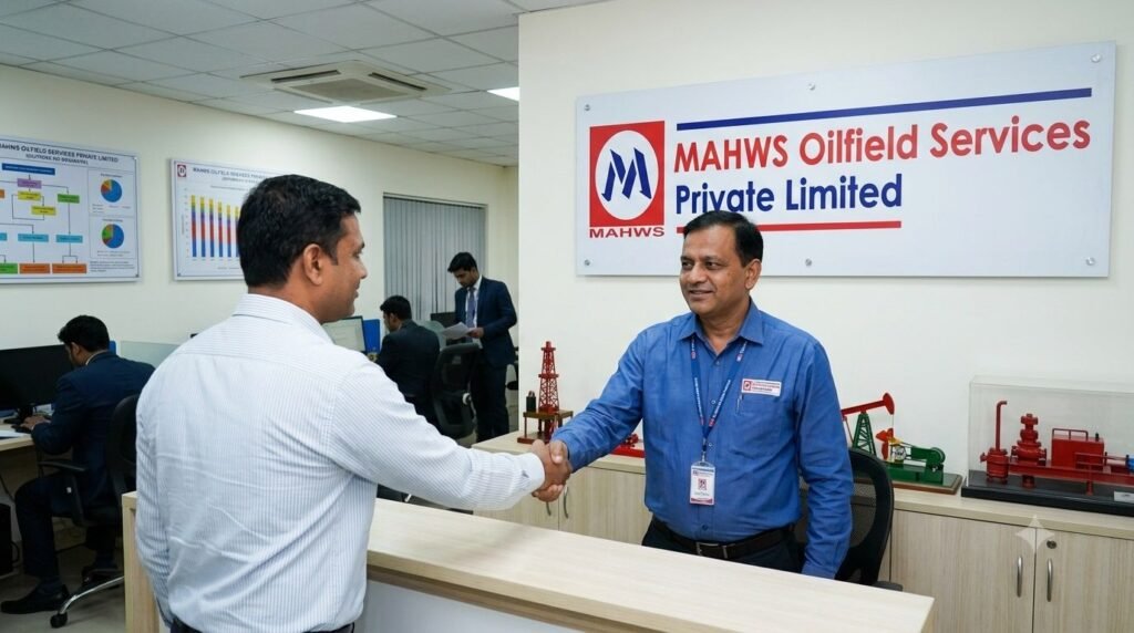 A photo of Laki Ravat handshaking a client or colleague across a reception counter inside the office of MAHWS Oilfield Services Private Limited.