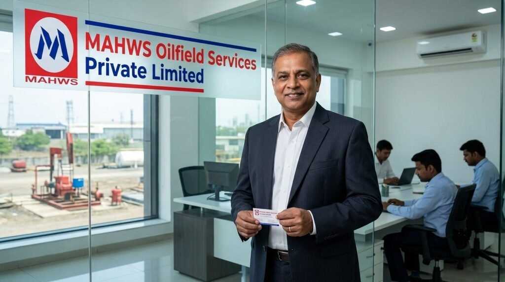 A portrait of Leonard Stephen Lewis standing inside the office of MAHWS Oilfield Services Private Limited while holding a business card, with colleagues working at desks in the background.