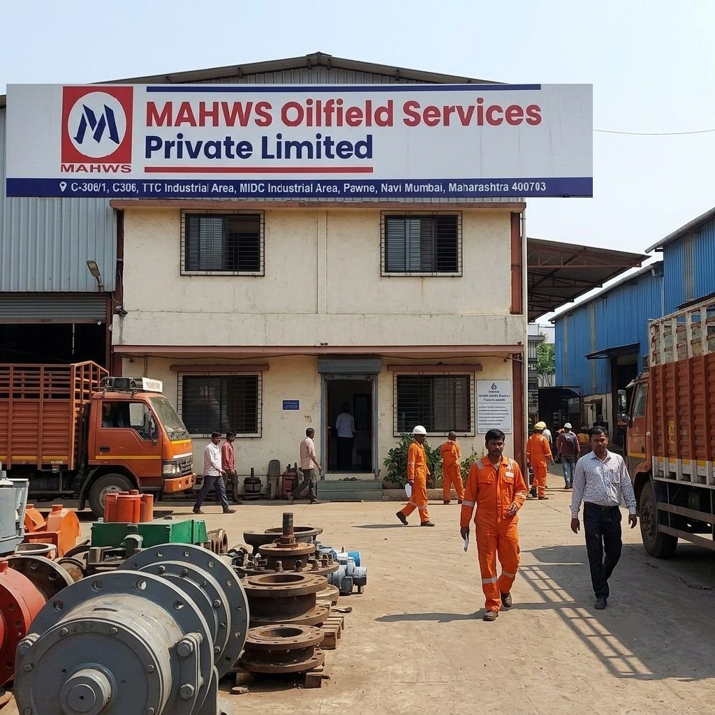 An industrial yard view of MAHWS Oilfield Services Private Limited in Pawne, Navi Mumbai, featuring workers walking past heavy machinery components, trucks, and office building signage.