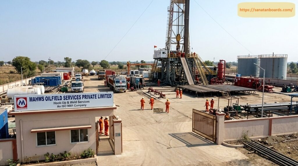 An elevated view of the MAHWS Oilfield Services Private Limited facility displaying an oil drilling rig, entrance gate signage, storage tanks, and personnel in high-visibility workwear.