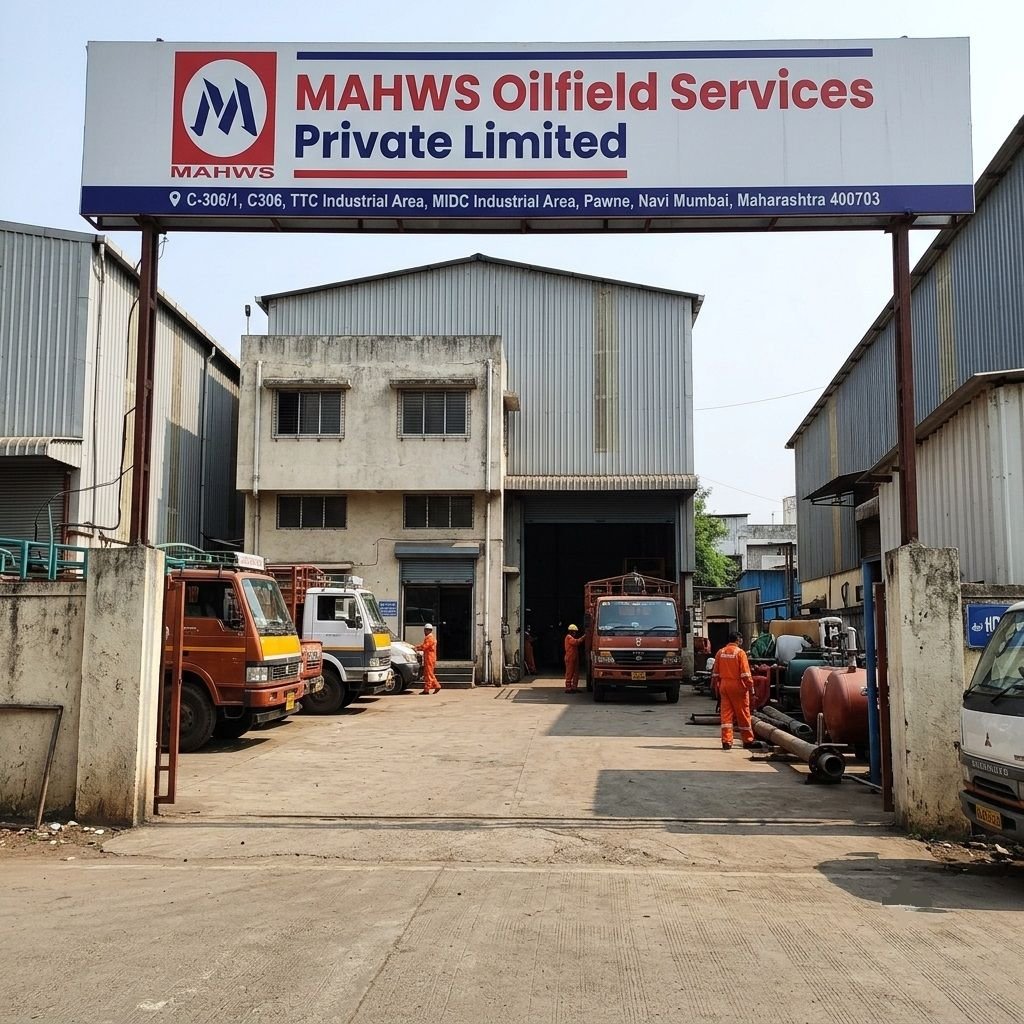 An entrance gate view of MAHWS Oilfield Services Private Limited in Pawne, Navi Mumbai, displaying official address signage, industrial workshops, trucks, and equipment.