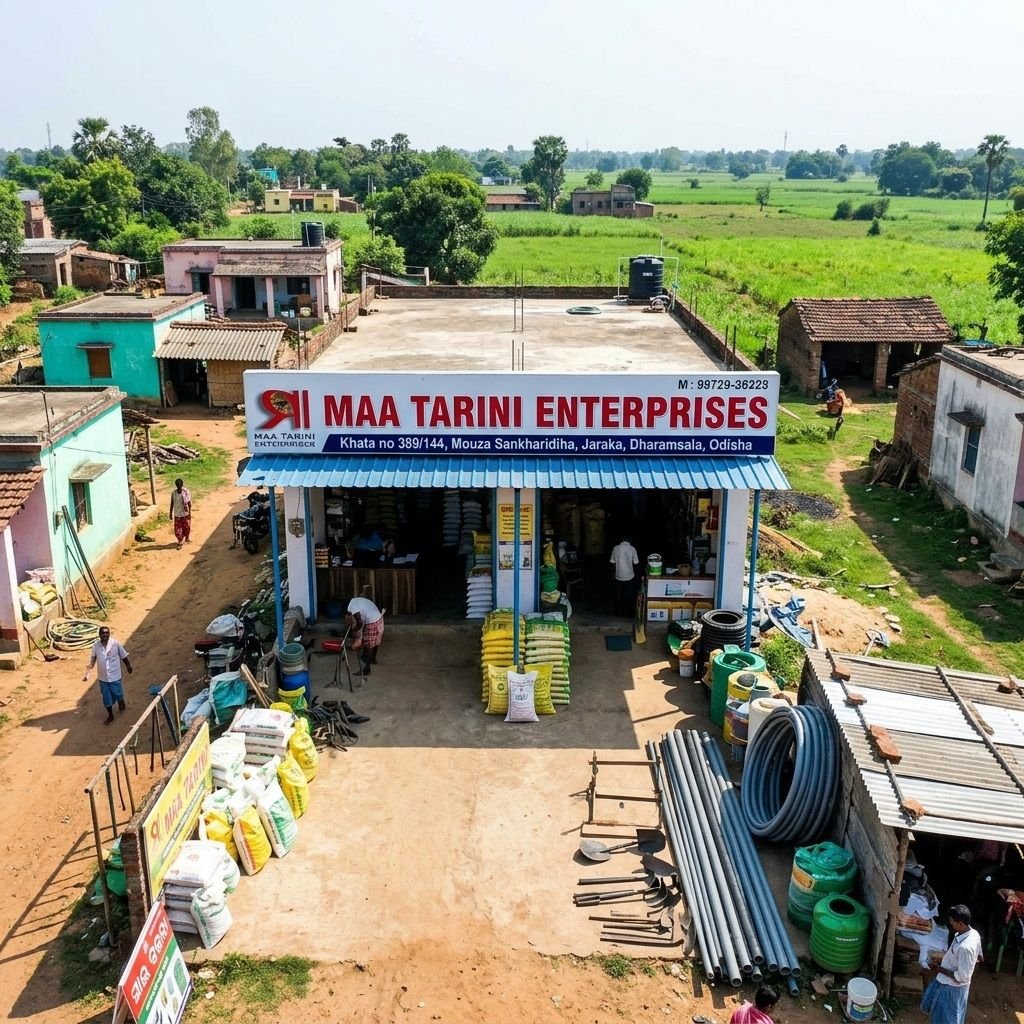 An aerial view of the Maa Tarini Enterprises store in Jaraka, Dharamsala, Odisha, showing agricultural supplies, irrigation pipes, sacks of fertilizer, and hand tools arranged outside.