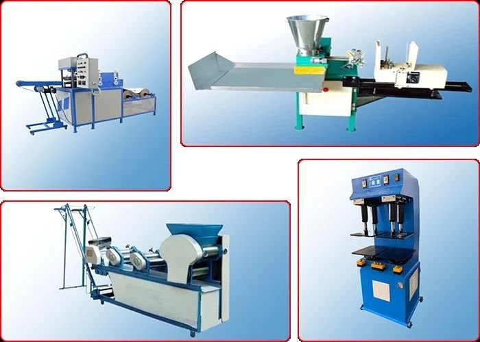 A collage of four industrial paper plate and dona making machines supplied by Maa Tarini Enterprises against a blue gradient background.