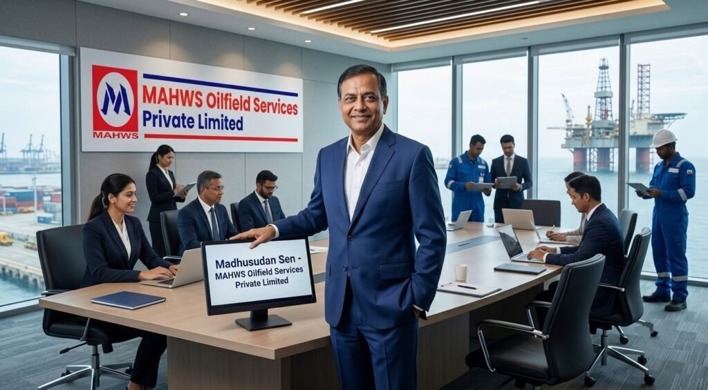 A portrait of Madhusudan Sen in a formal suit standing inside the executive conference room of MAHWS Oilfield Services Private Limited with team members and an offshore oil rig visible through large windows.