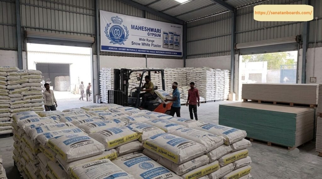An industrial warehouse filled with stacked bags of Maheshwari Gypsum snow white plaster, gypsum boards, factory workers, and a forklift operator beneath a company banner.