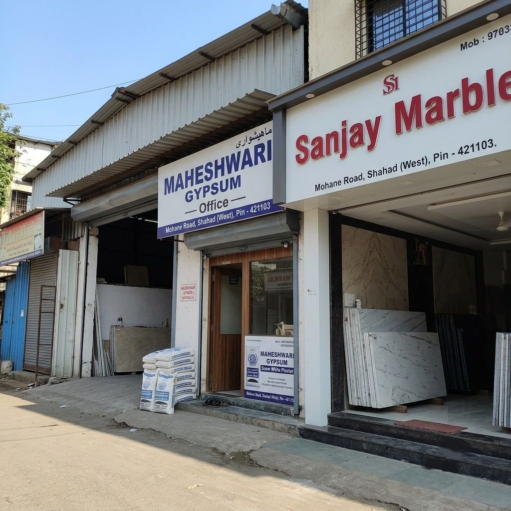 Exterior view of the Maheshwari Gypsum office storefront on Mohane Road in Shahad, situated next to Sanjay Marble with stacked plaster bags outside.