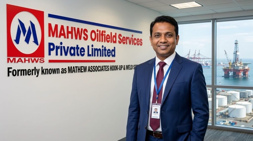 A portrait of Md. Tayeb Ansari in a formal suit and ID lanyard standing in front of MAHWS Oilfield Services Private Limited corporate wall signage with an offshore rig visible outside the window.