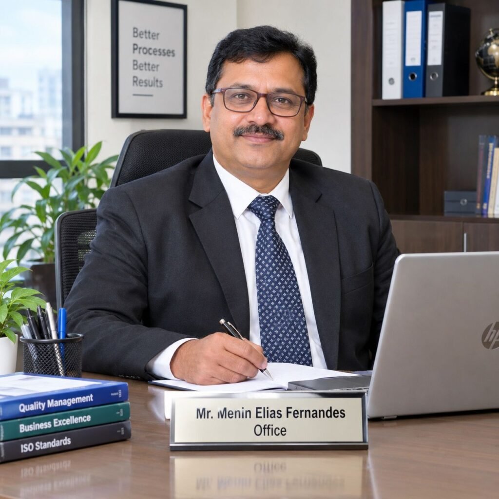 Mr. Menin Elias Fernandes wearing glasses and a suit, sitting at his office desk with a laptop, pen, documents, and books on business management.
