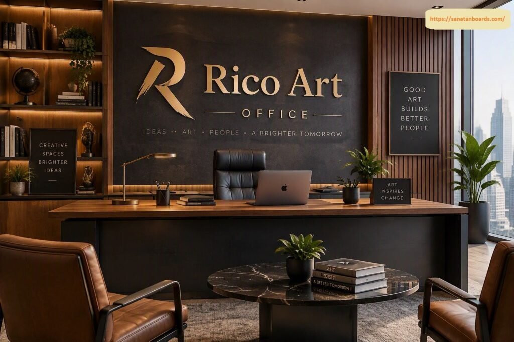 An elegant executive office interior featuring a large wooden desk with a laptop, leather armchairs, ambient lighting, and the Rico Art office logo mounted on a dark feature wall.