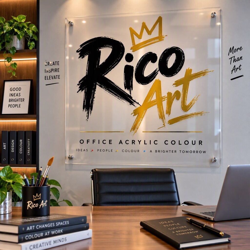 Clear acrylic wall sign featuring the Rico Art logo mounted above an executive office desk with books, a pen holder, and a laptop.