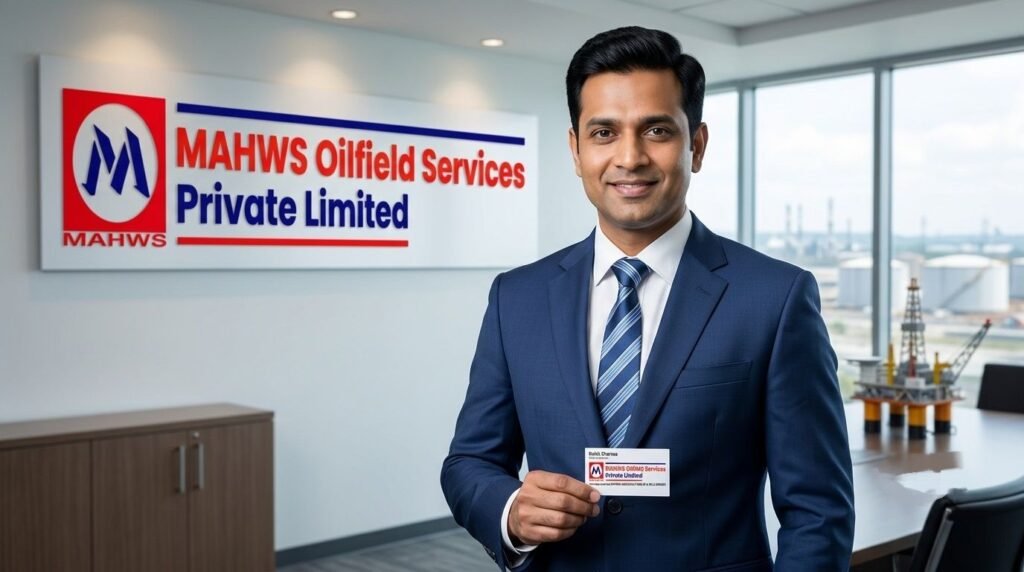 A professional portrait of Rohit Sharma holding a corporate ID card in front of MAHWS Oilfield Services Private Limited signage with an oilfield model in the background.