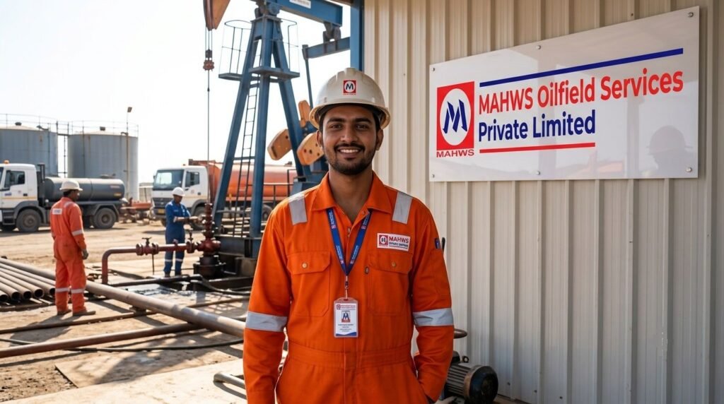 A portrait of Sahil Bashir Solkar wearing protective workwear and a safety hard hat at an active site of MAHWS Oilfield Services Private Limited.