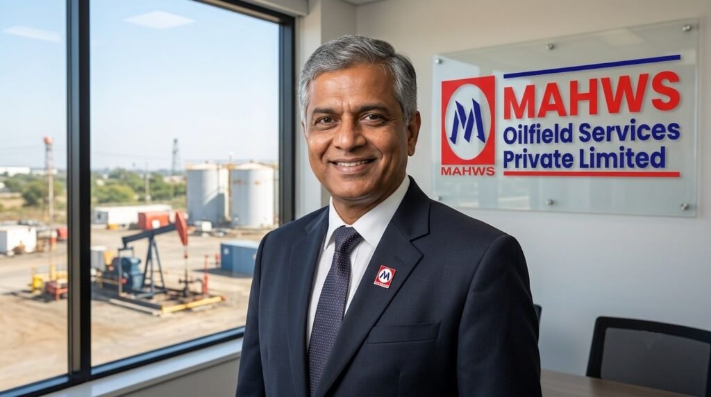 A portrait of Santosh M. Apte in a formal suit standing inside the office of MAHWS Oilfield Services Private Limited with company signage and a window view of an outdoor oilfield facility.