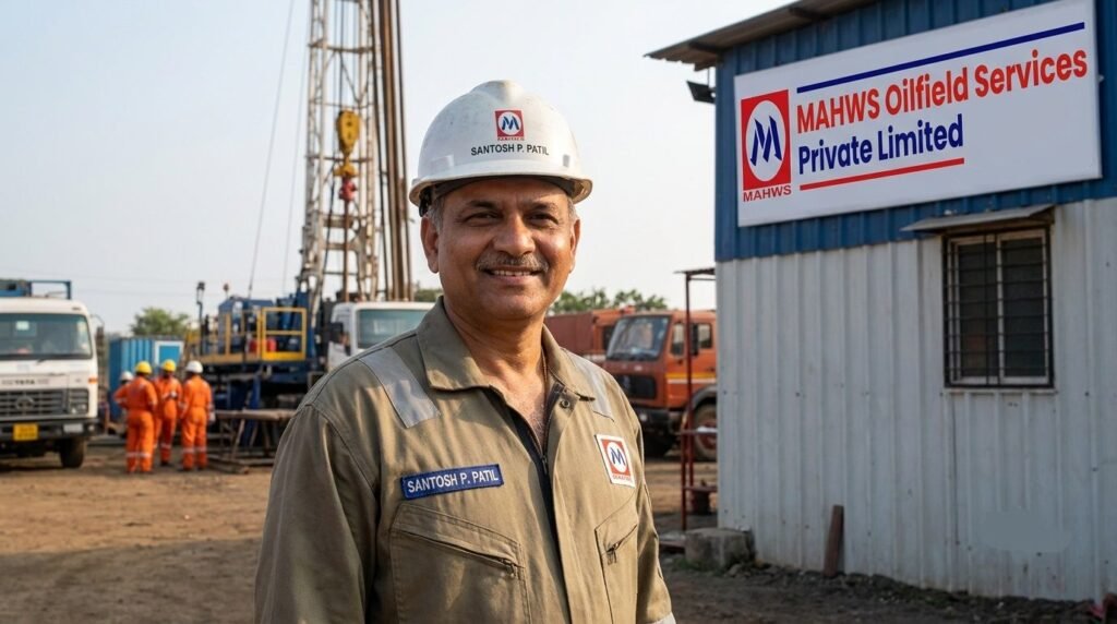 A portrait of Santosh P. Patil wearing personal protective equipment and a customized safety hard hat at a MAHWS Oilfield Services Private Limited facility site.