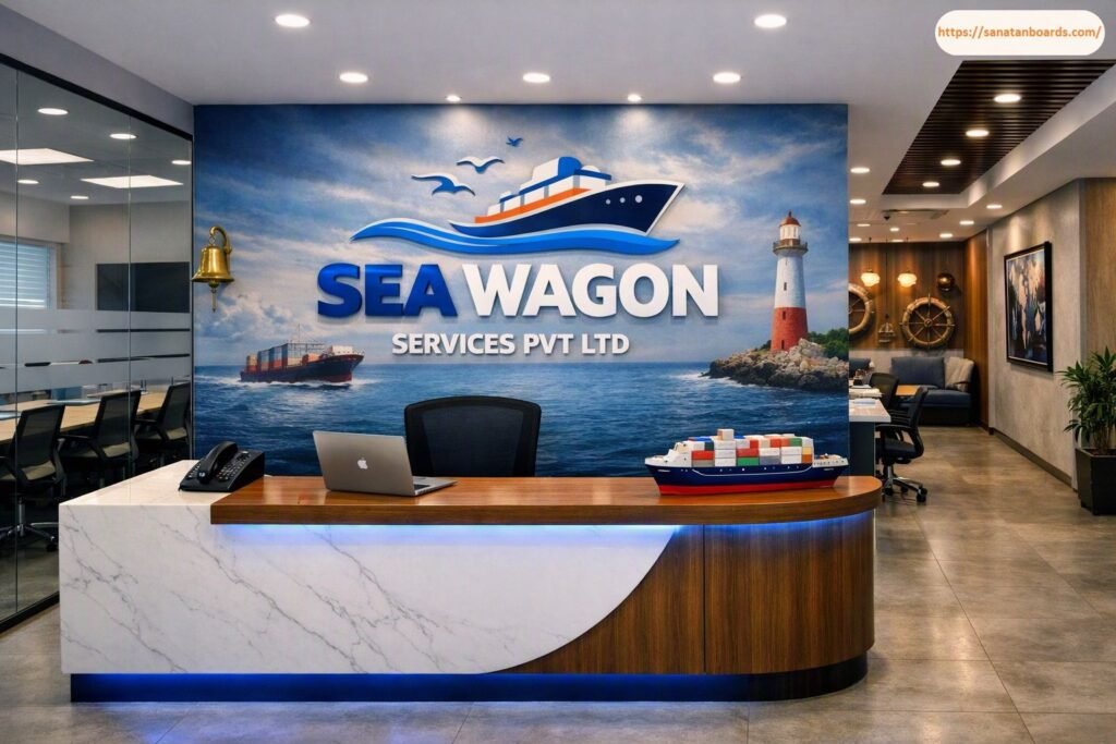 Modern corporate reception desk combining white marble and warm wood paneling, set in front of a feature wall displaying a vibrant seascape mural, a red-and-white lighthouse, cargo ship graphics, and the SEA WAGON SERVICES PVT LTD corporate logo.