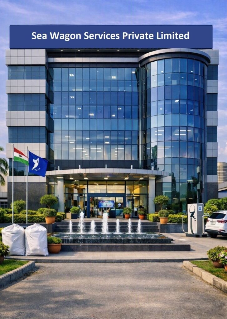 Exterior view of the multi-story corporate headquarters building for Sea Wagon Services Private Limited, featuring a modern glass facade, prominent top signage, entrance water fountains, flagpoles, and an EV charging station near the paved entrance drive.
