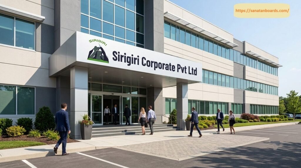 Exterior view of the modern Sirigiri Corporate Pvt Ltd office building featuring glass windows, a large entrance canopy with company signage, and professionals walking into the building.