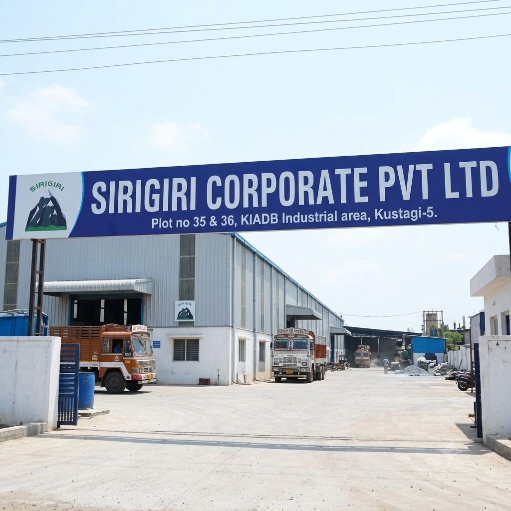 A entrance signboard for Sirigiri Corporate Pvt Ltd at Plot 35 & 36 in the KIADB Industrial Area in Kustagi, with trucks parked inside the plant yard.