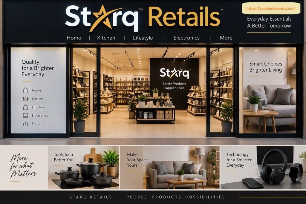 Modern retail storefront for Starq Retails featuring large glass display windows, interior shelves with household items, and promotional graphics for home, kitchen, lifestyle, and electronics products.
