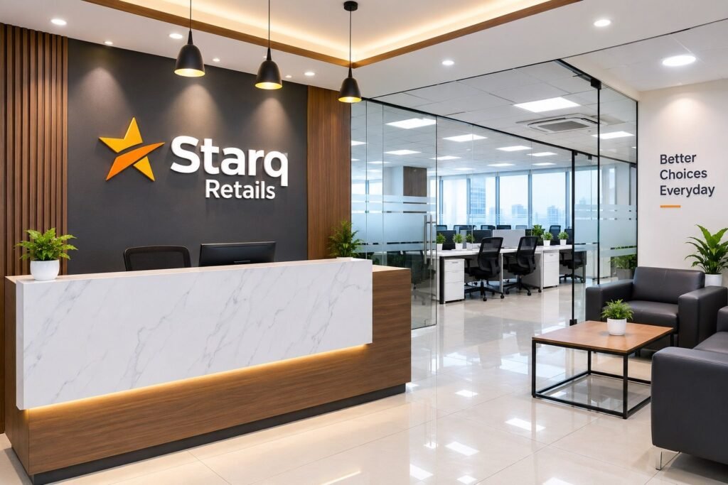 Modern office reception area featuring a marble and wood reception desk with the Starq Retails logo, pendant lighting, leather seating, and glass partitions leading to an open-plan office space.