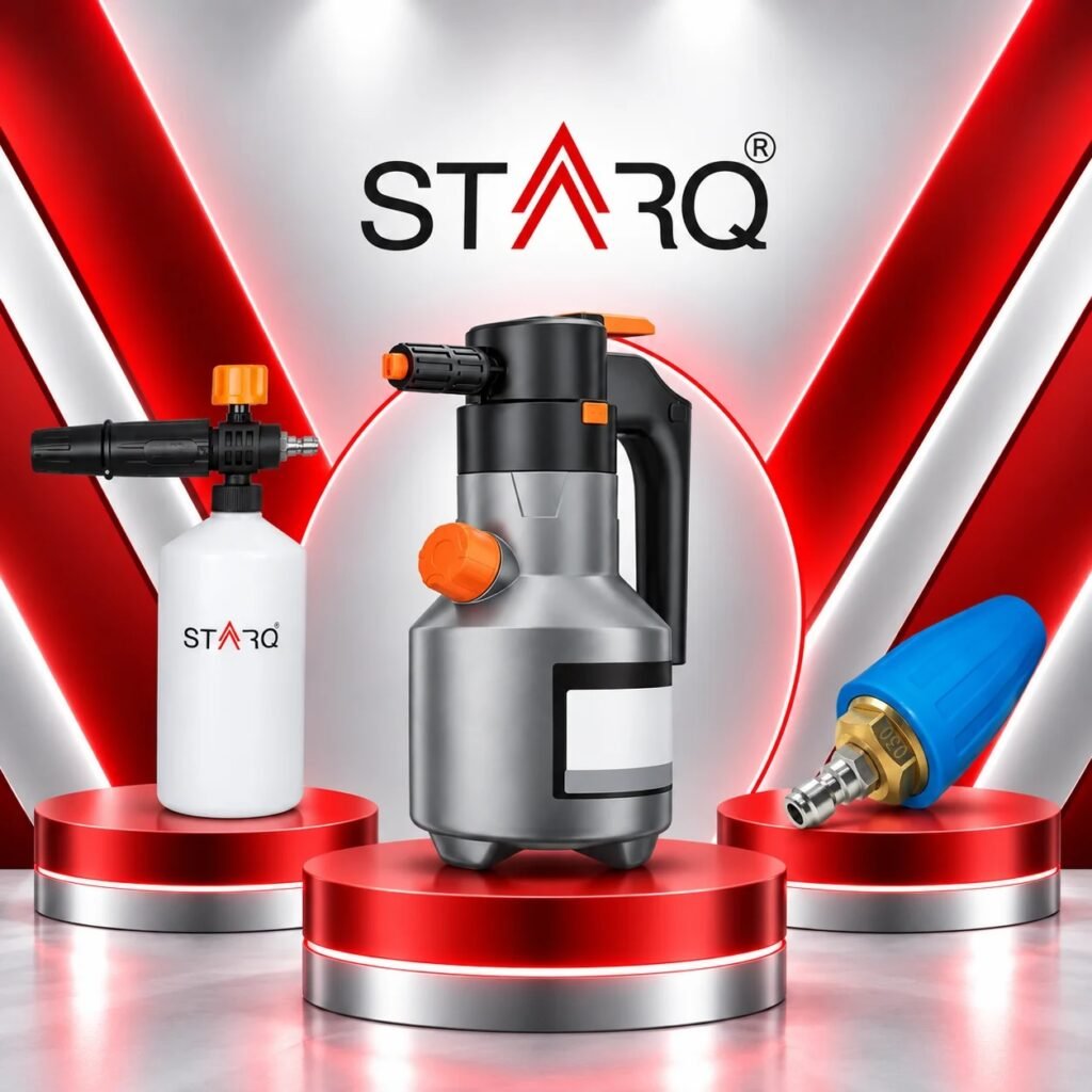 A promotional graphic for STARQ featuring a pressure washer foam cannon bottle, a handheld sprayer, and a turbo nozzle set on red pedestals against a red and silver background.
