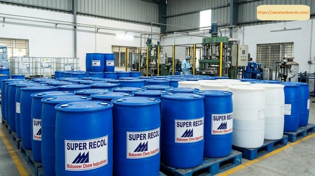 Large inventory of blue and white industrial drums labeled Super Recol by Mahaveer Chem Industries stacked on plastic pallets inside a manufacturing warehouse facility.