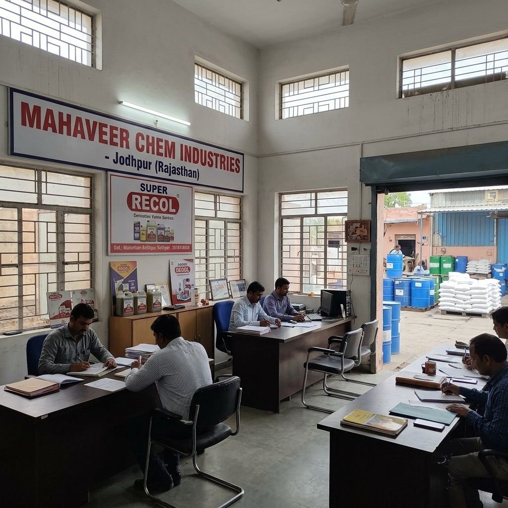 An office administrative room at Mahaveer Chem Industries in Jodhpur, featuring employees working at desks beneath company signage, posters for Super Recol, and a doorway leading to a outdoor storage yard.