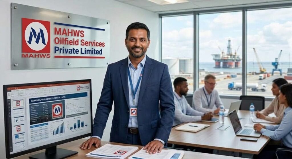 A portrait of Susheel Kumar in a formal suit standing inside an executive office of MAHWS Oilfield Services Private Limited with colleagues at a conference table and offshore platforms visible through the window.